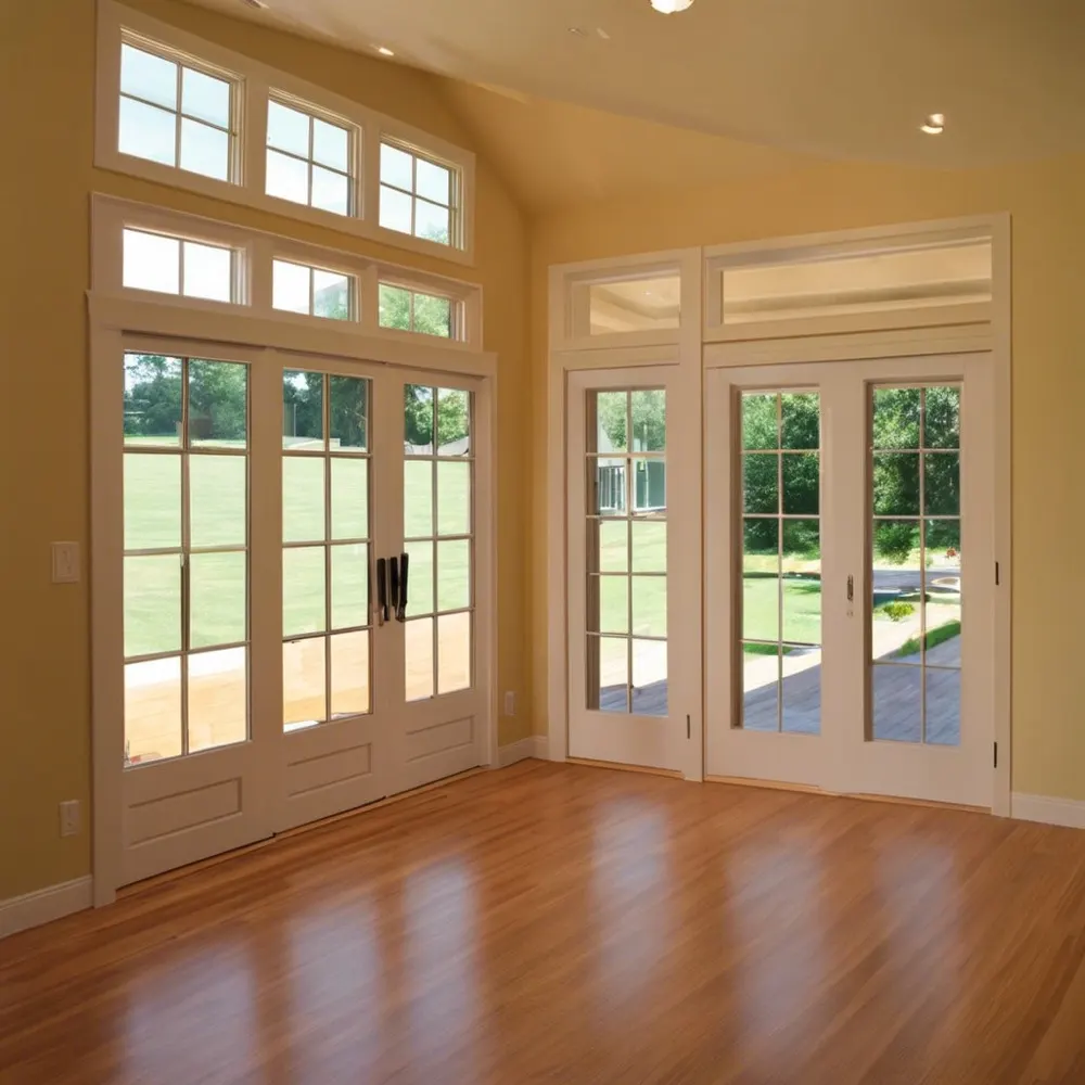 Glass French doors opening to a lawn