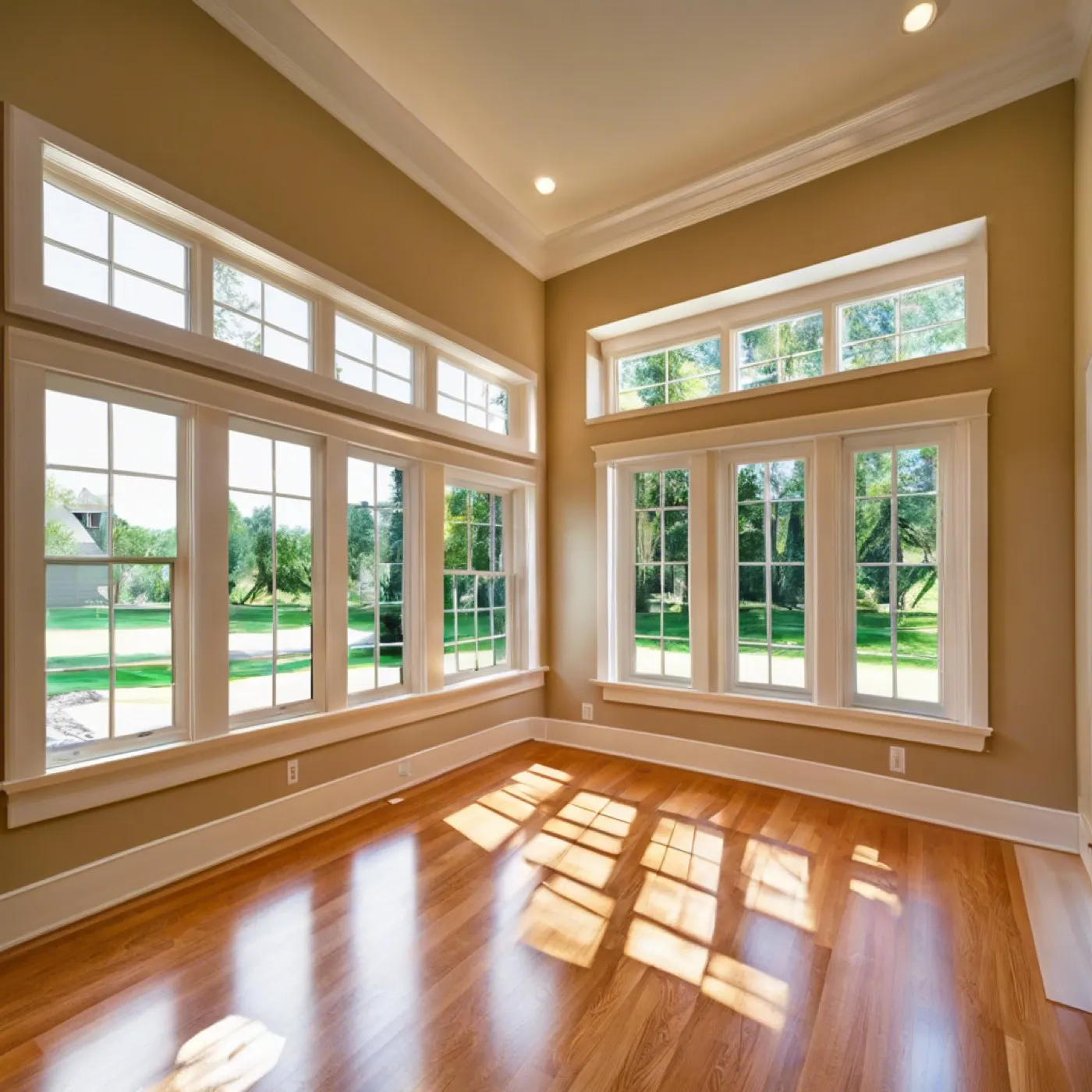 Sunlit room with tall wood-framed windows and hardwood floors